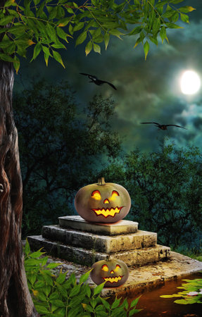 Halloween pumpkins in the yard of old house night in bright moonlightの写真素材