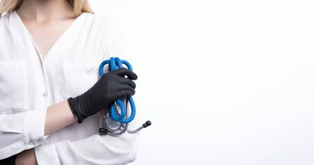 Cropped close up photo of old woman doc medical equipment stethoscope can indicate covid-29...