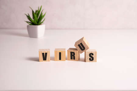 Virus word made by wooden blocks. Medical banner The word Virus on a white backgroundの写真素材