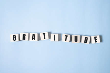 gratitude word written on wood block. gratitude text on blue table for your desing, concept.の写真素材
