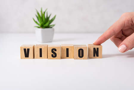 The word Vision on a wooden toy blocks with womans handの写真素材
