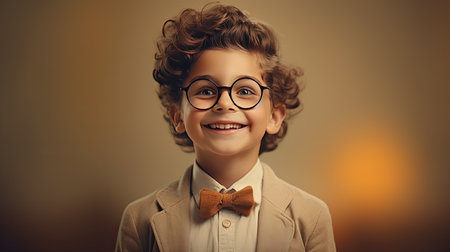 schoolboy wearing glasses, symbolizing the joy of learning and achievement, education concept.の素材