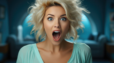 a beautiful woman expressing surprise and shock with her mouth open and big wide open eyes. soft background.の素材