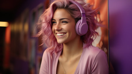 Modern and cool american girl listening music on headphones with smiley and happy attitude on trendy color backgroundの素材