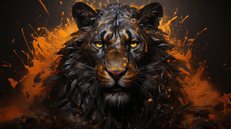 Colorful painting of a lion with creative abstract elements as backgroundの素材