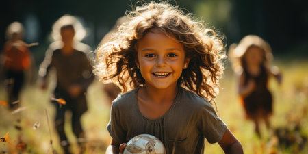 Happy children playing and running in the park with ballの素材