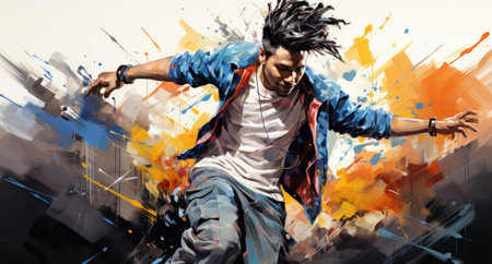 Creative modern hip hop dance banner template for adults, cropped image of dancing person on flat backgroundの素材