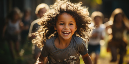 Happy children playing and running in the park with ballの素材