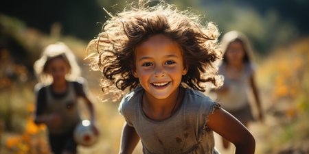 Happy children playing and running in the park with ballの素材