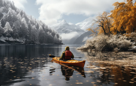 Person rowing on a calm lake in autumn, aerial view only small boat visible with serene water aroundの素材