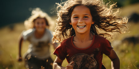 Happy children playing and running in the park with ballの素材