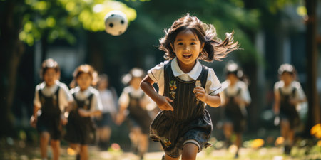 Happy children playing and running in the park with ballの素材