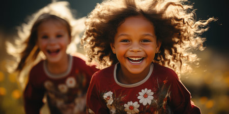 Happy children playing and running in the park with ballの素材