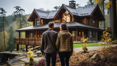 rear view of young couple looking at their new houseの素材