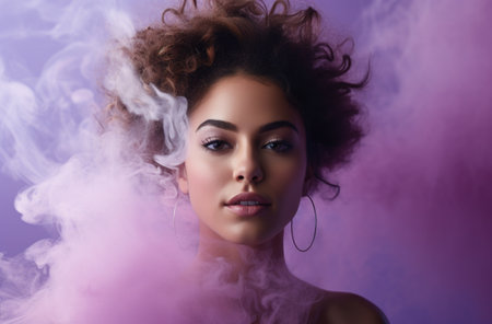 Abstract fashion makeup concept with caucasian girl in purple pink cloud of smoke on isolated pastel blue background. Close-up portrait of top modelの素材