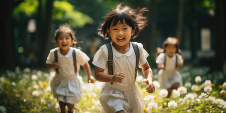 Happy children playing and running in the park with ballの素材