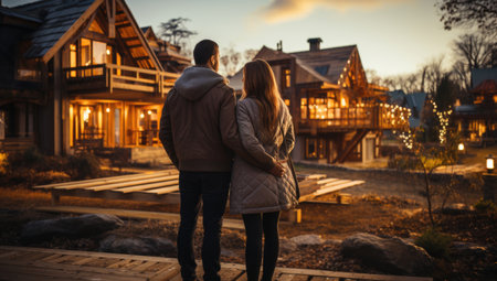 rear view of young couple looking at their new houseの素材