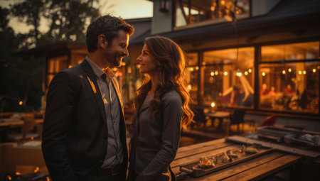 rear view of young couple looking at their new houseの素材