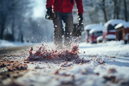 ice melt rock salt is being spread on your walking path to melt the snow and iceの素材