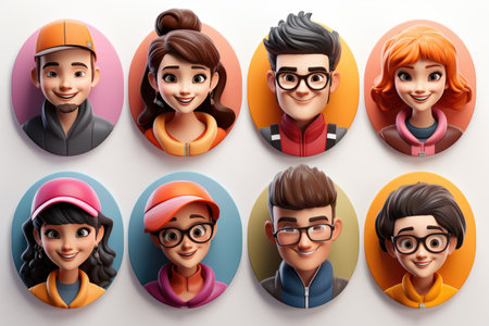 Smiling People Closeup Portrait Set Cute Cartoon Businessman Male and Female Avatars Multi-ethnic Man and Woman Faces Isolated on White Backgroundの素材