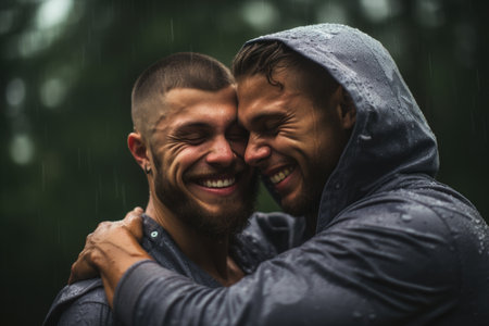 Gay couple cuddling and laughing in front of brick wallの素材