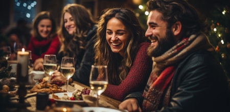 happy american couple with christmas tree at homeの素材