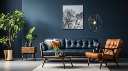 Dark blue sofa and recliner chair in scandinavian apartment. Interior design of modern living roomの素材