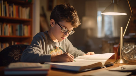 young boy child kid pupil study work on homework assignment at homeの素材