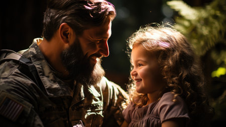 Patriotic soldier emotional soldier with daughter in the warの素材