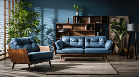 Dark blue sofa and recliner chair in scandinavian apartment. Interior design of modern living roomの素材