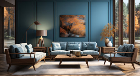 Dark blue sofa and recliner chair in scandinavian apartment. Interior design of modern living roomの素材