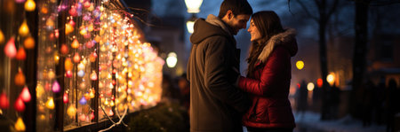 Young couple kissing under bright Christmas lights on New Year's Eveの素材