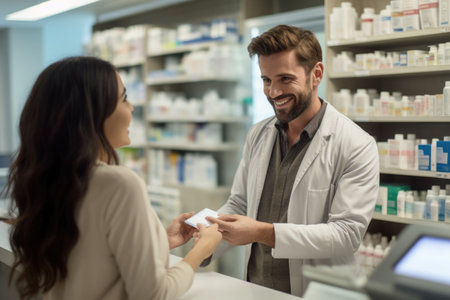 pharmacist is helping and providing care for an old woman at the pharmacy. Generative AIの素材