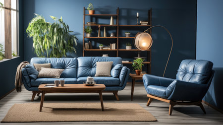 Dark blue sofa and recliner chair in scandinavian apartment. Interior design of modern living roomの素材