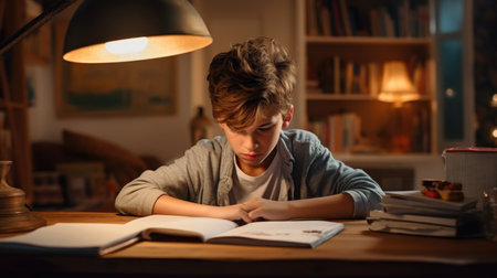 young boy child kid pupil study work on homework assignment at homeの素材
