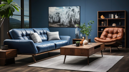 Dark blue sofa and recliner chair in scandinavian apartment. Interior design of modern living roomの素材