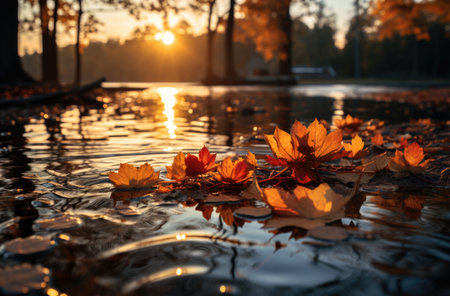 autumn leaves on a lake during sunset AI generated artの素材