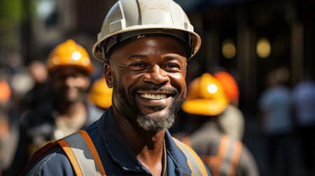 Smiling Construction Worker: A photo of a construction worker smiling, showing his positive attitudeの素材