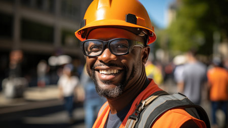 Smiling Construction Worker: A photo of a construction worker smiling, showing his positive attitudeの素材