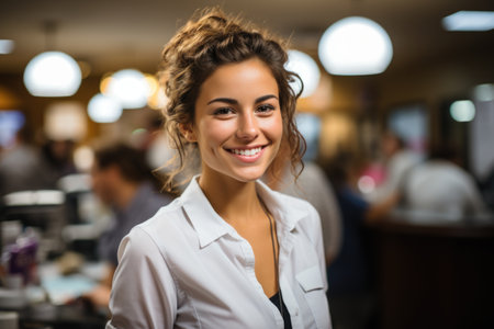 Smiling woman pharmacist or Chemist Writing On Clipboard While standing in interior of pharmacyの素材