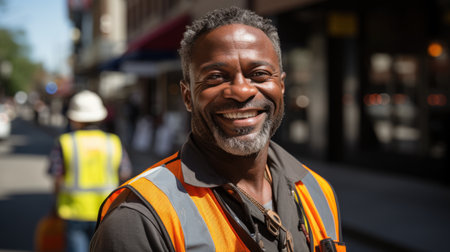 Smiling Construction Worker: A photo of a construction worker smiling, showing his positive attitudeの素材