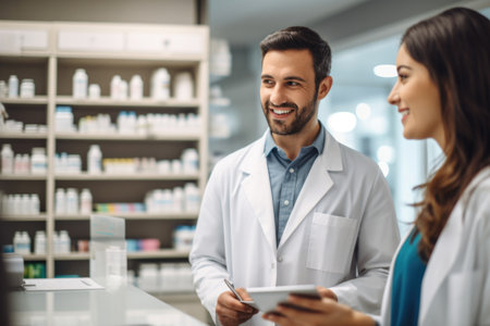pharmacist is helping and providing care for an old woman at the pharmacy. Generative AIの素材