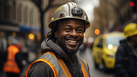 Smiling Construction Worker: A photo of a construction worker smiling, showing his positive attitudeの素材