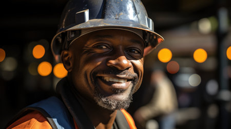 Smiling Construction Worker: A photo of a construction worker smiling, showing his positive attitudeの素材