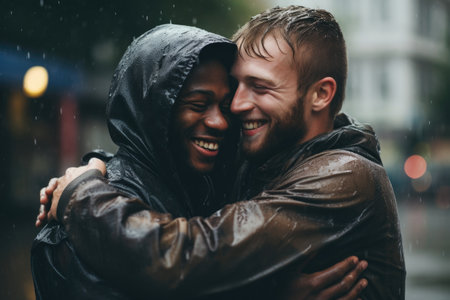 Gay couple cuddling and laughing in front of brick wallの素材