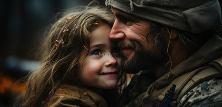 Patriotic soldier emotional soldier with daughter in the warの素材