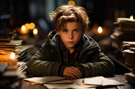 young boy child kid pupil study work on homework assignment at homeの素材