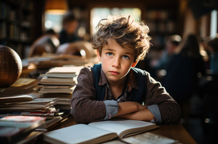 young boy child kid pupil study work on homework assignment at homeの素材
