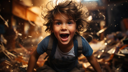 Happy child playing with their toys in the living roomの素材