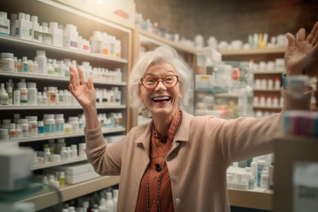 Cheerful senior woman in glasses looking at camera while standing in pharmacyの素材